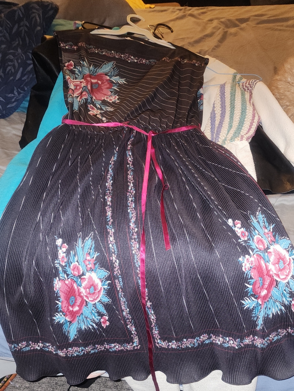 Melissa Black Floral Midi Dress with Pink Ribbon